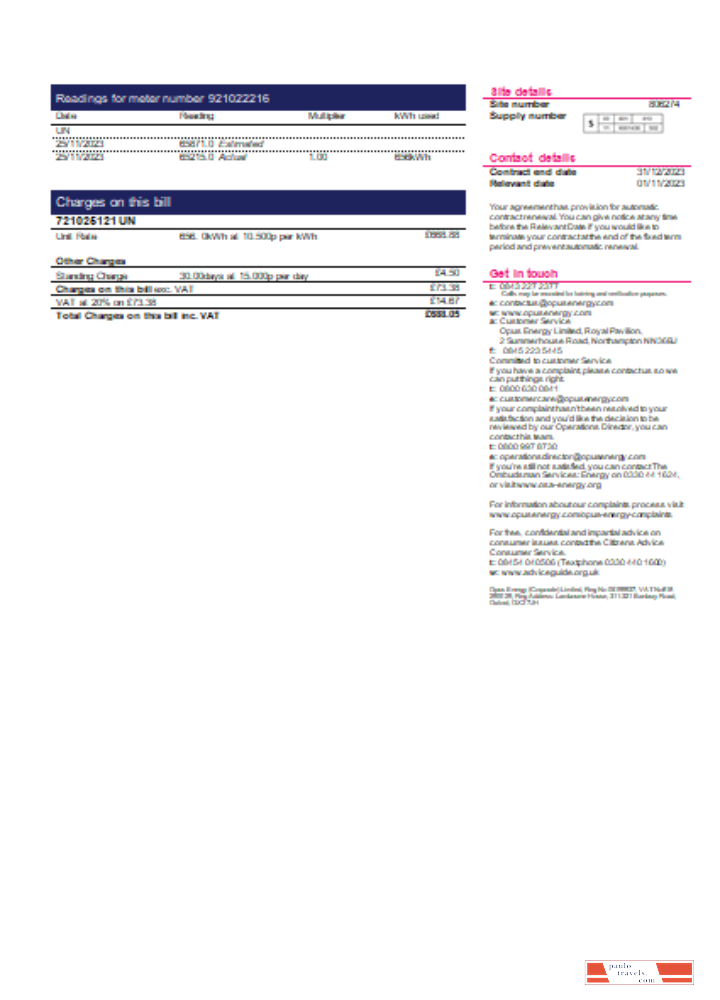 Opus Energy electricity utility business bill,  page 2, SCR PSD template